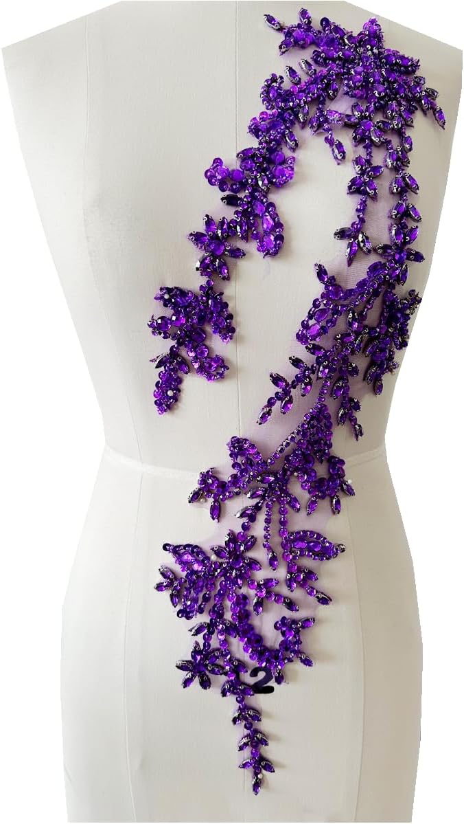PLune Handmade Shining Acrylic Rhinestones on lace Applique Sewing Beads Stones Trim Patches Accessories for Wedding Dress (Purple) - Image 1